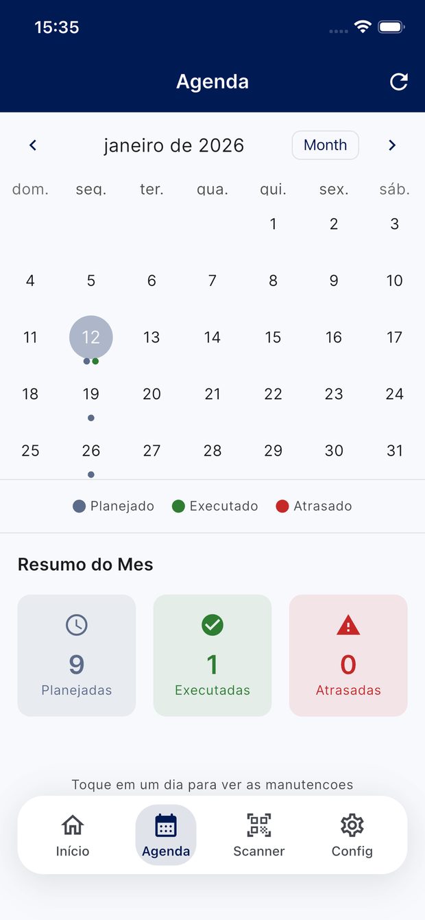 App móvel ManyConnect — agenda mensal com manutenções planejadas, executadas e atrasadas