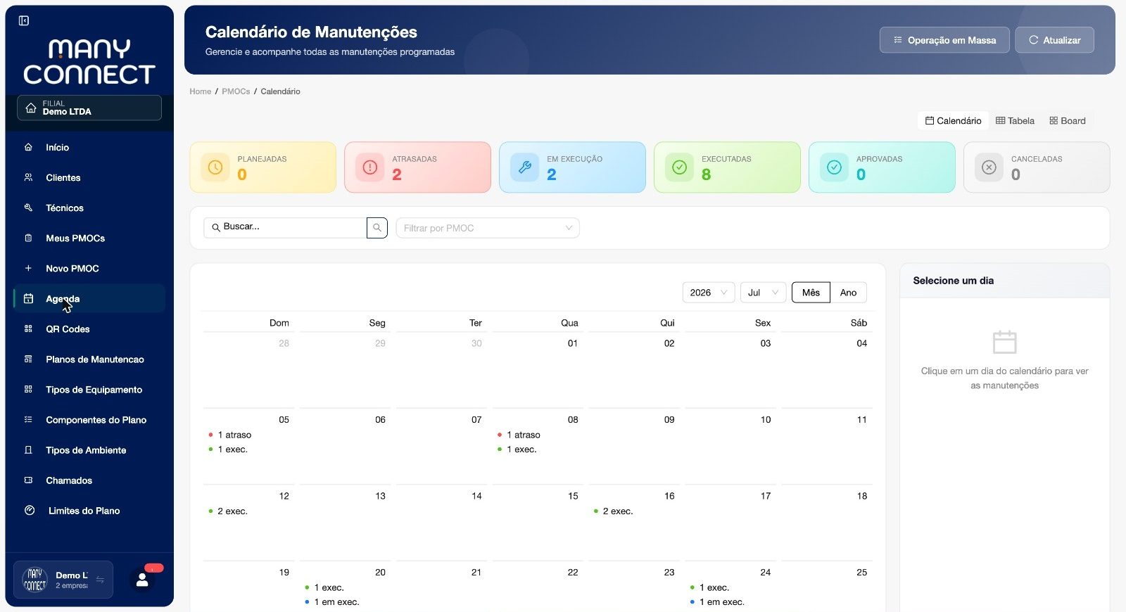 Calendário mensal de manutenções PMOC com contadores de planejadas, atrasadas, em execução, executadas e aprovadas