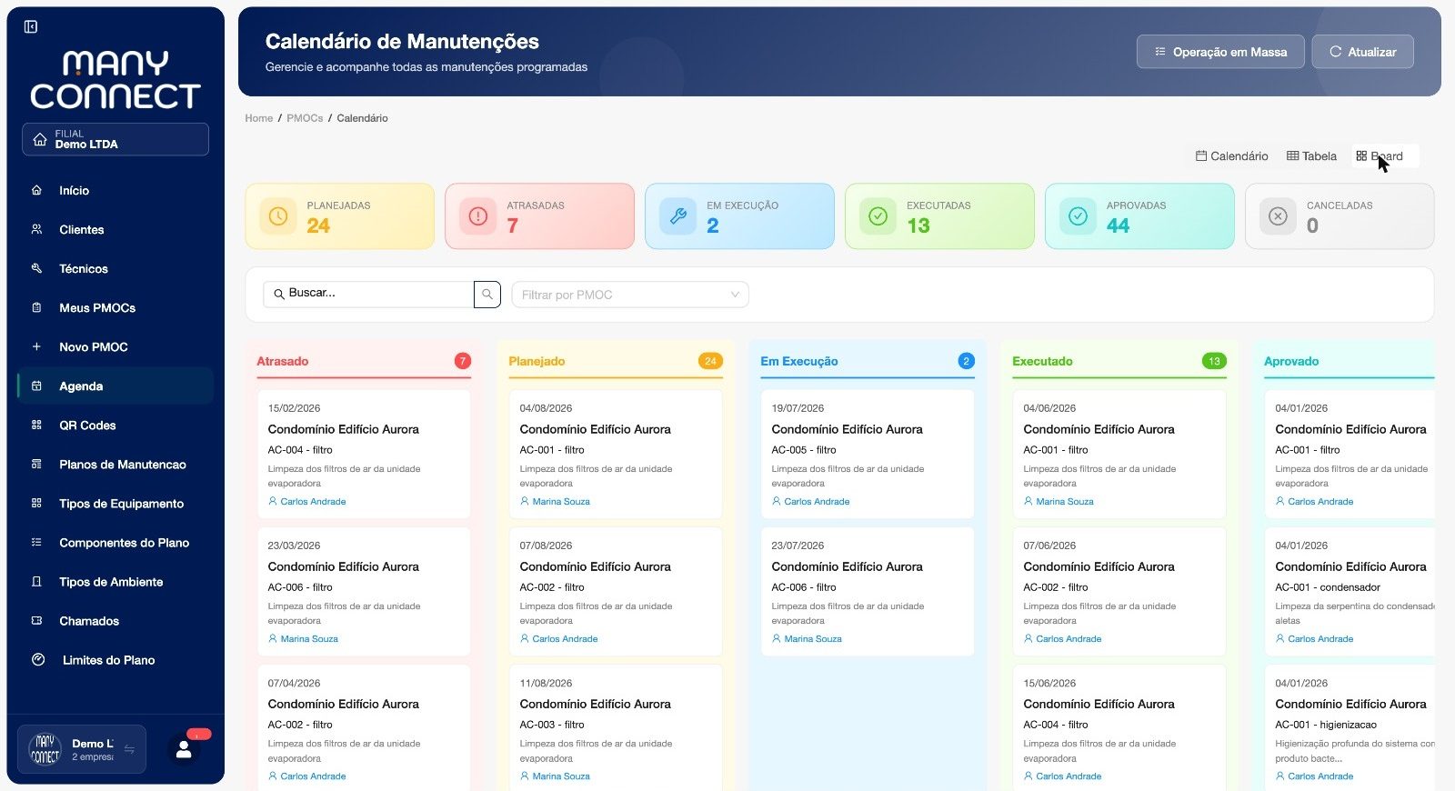 Board kanban de manutenções PMOC com as colunas Atrasado, Planejado, Em Execução, Executado e Aprovado