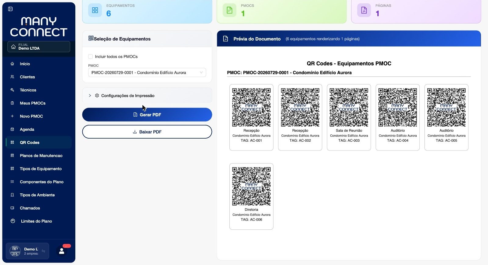 Tela de impressão de QR Codes por equipamento no ManyConnect PMOC, com a prévia do PDF pronto para imprimir